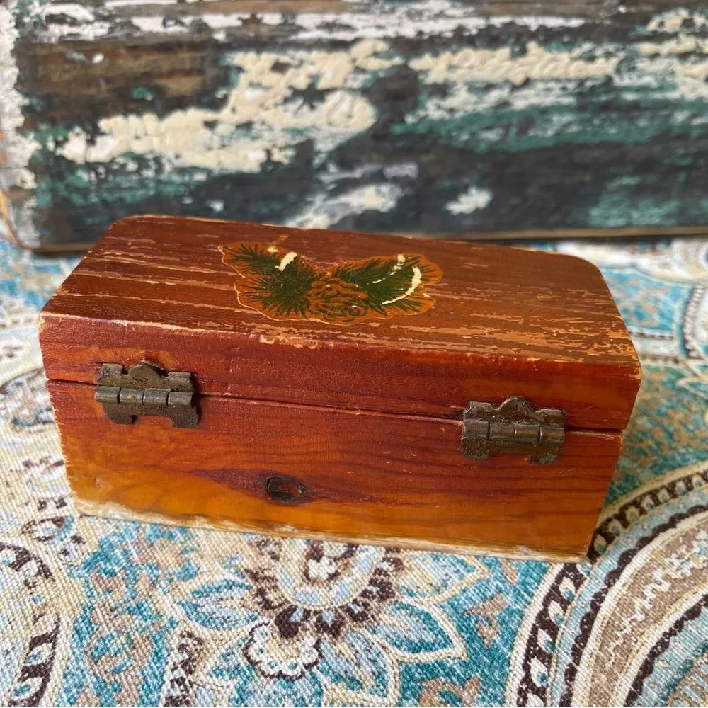 Wooden Ring Keeper Box Vintage Red Felt Poem Folk Art 1950s 1960s
